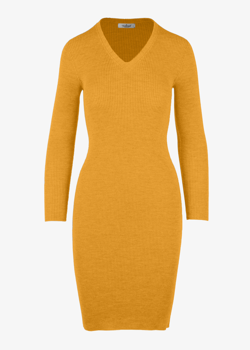 Mustard yellow ribbed knit USA made dress on a white background