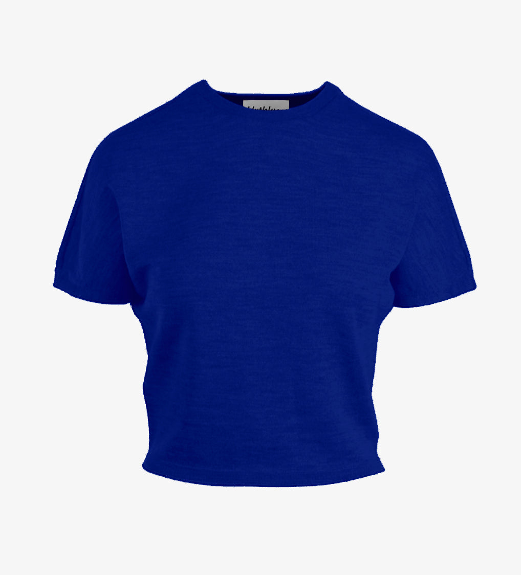 Blue wool cropped top on a white background