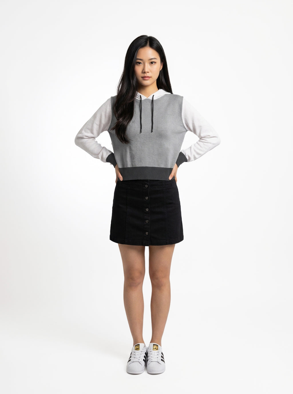 A woman modeling a sleeveless gray and white color-block hoodie with a black button-up mini skirt and white sneakers, standing against a plain white studio background.