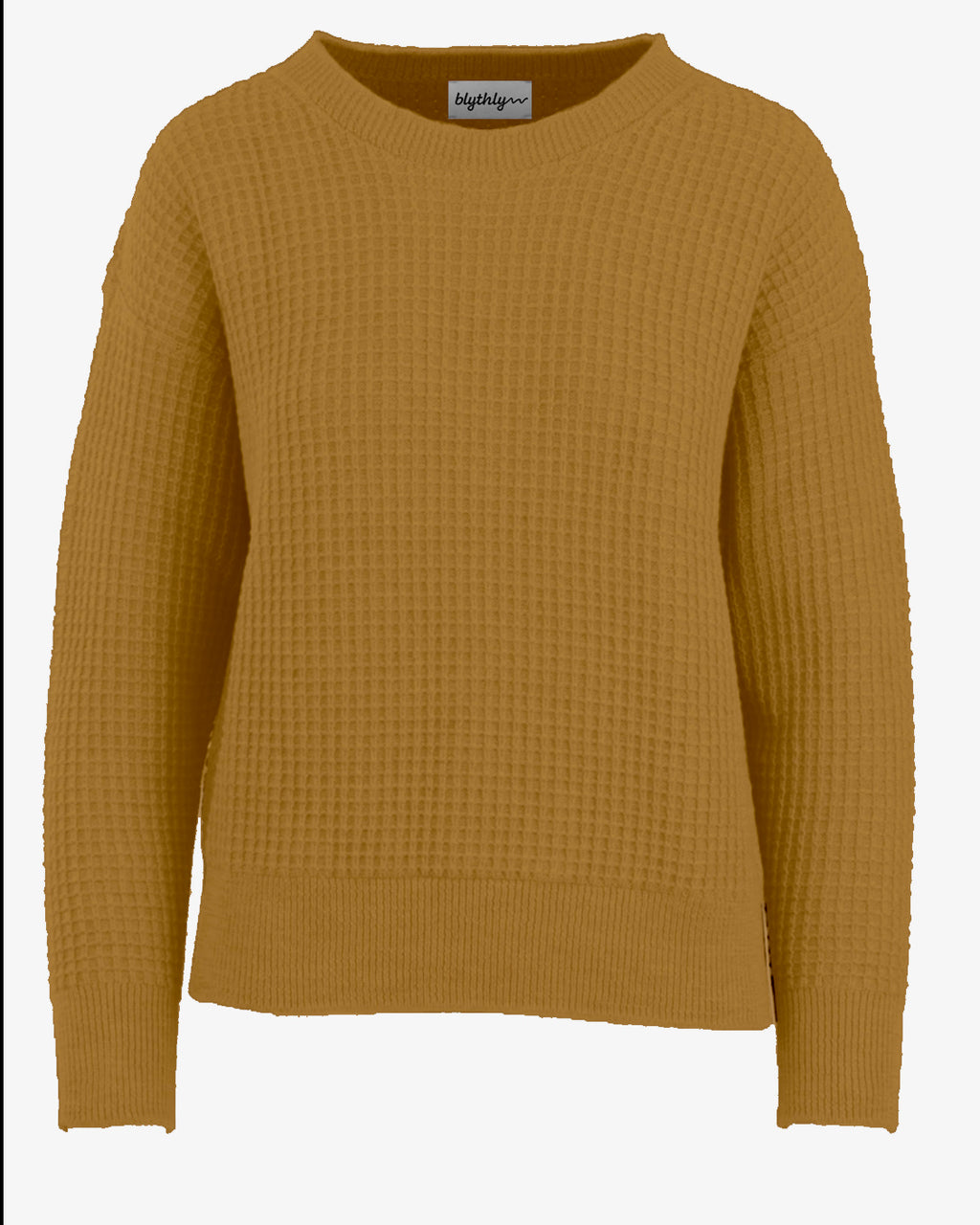 Mustard yellow sweater with a waffle knit pattern