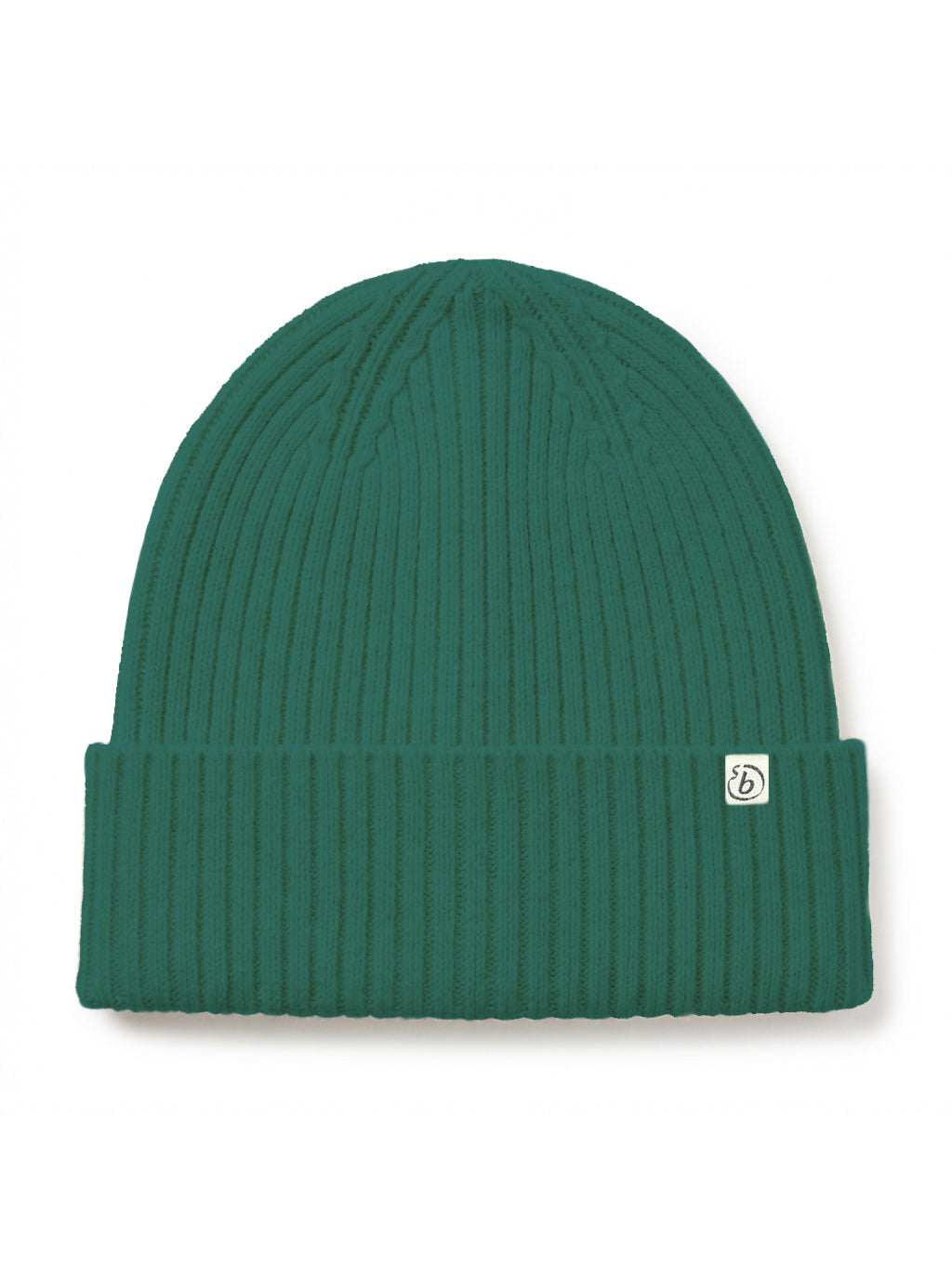 A dark green ribbed knit beanie hat with a folded cuff and a small white square logo patch on the side, shown against a plain white background.