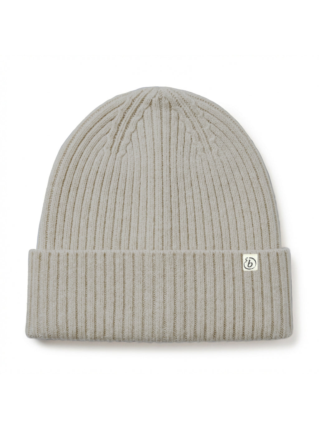 A light gray ribbed knit beanie hat with a folded cuff and a small circular logo patch on the side, shown against a plain white background.
