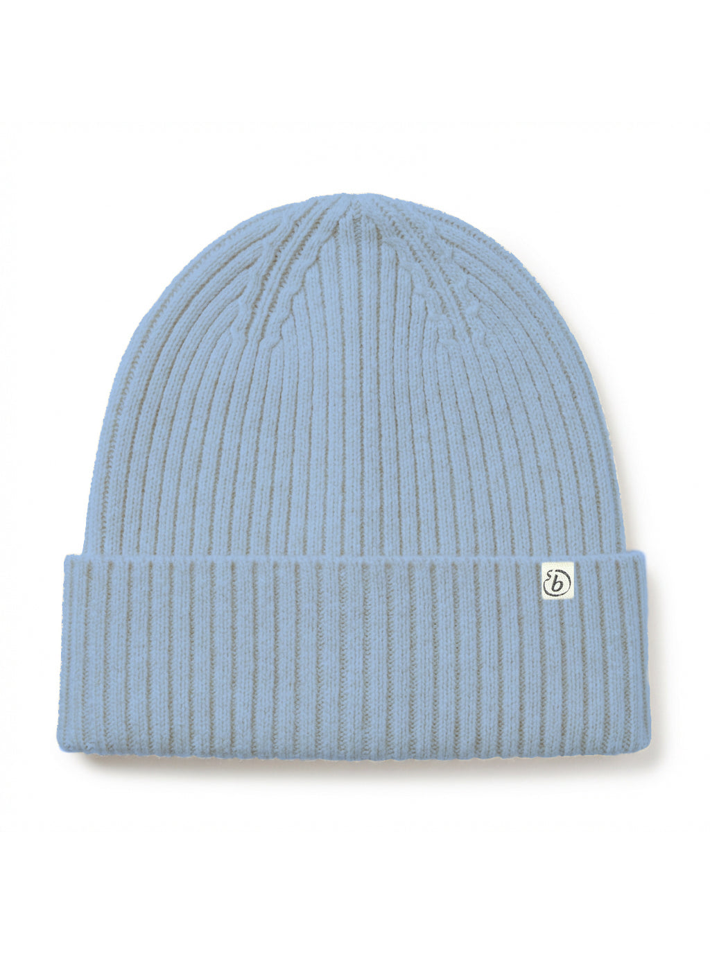 A light blue ribbed knit beanie hat with a folded cuff and a small circular white brand patch on the side, shown against a plain white background.
