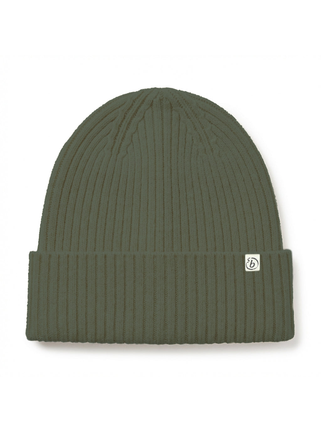 An olive green ribbed knit beanie hat with a small white square logo patch on the folded cuff, shown against a plain white background.