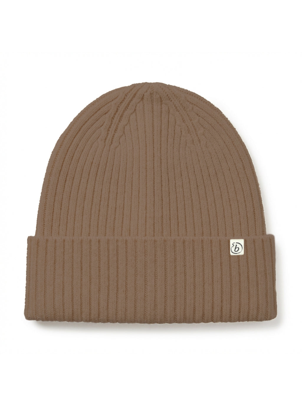 A ribbed knit cuffed beanie hat in a solid taupe-brown color, featuring a small white square brand patch on the right side of the cuff, set against a plain white background.