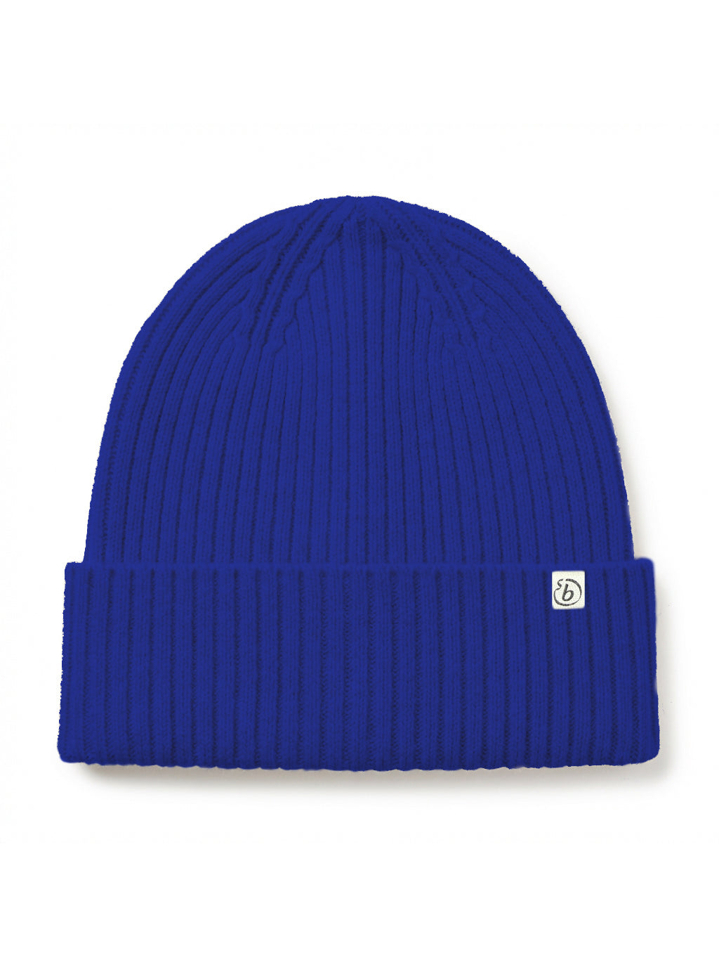 A royal blue ribbed knit beanie hat with a small white square logo patch on the front cuff, shown against a plain white background.