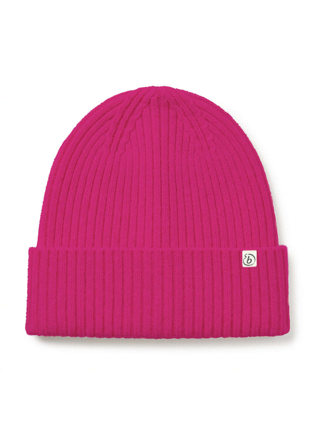 A bright pink ribbed knit beanie hat with a folded cuff and a small white square logo patch on the side, shown against a plain white background.