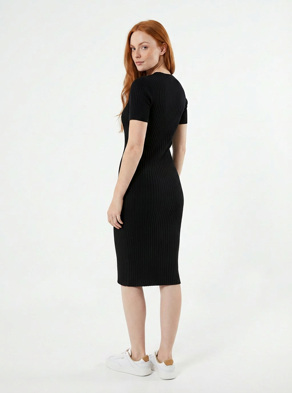 Tayrona Short Sleeve Midi Cotton Ribbed Knit Dress