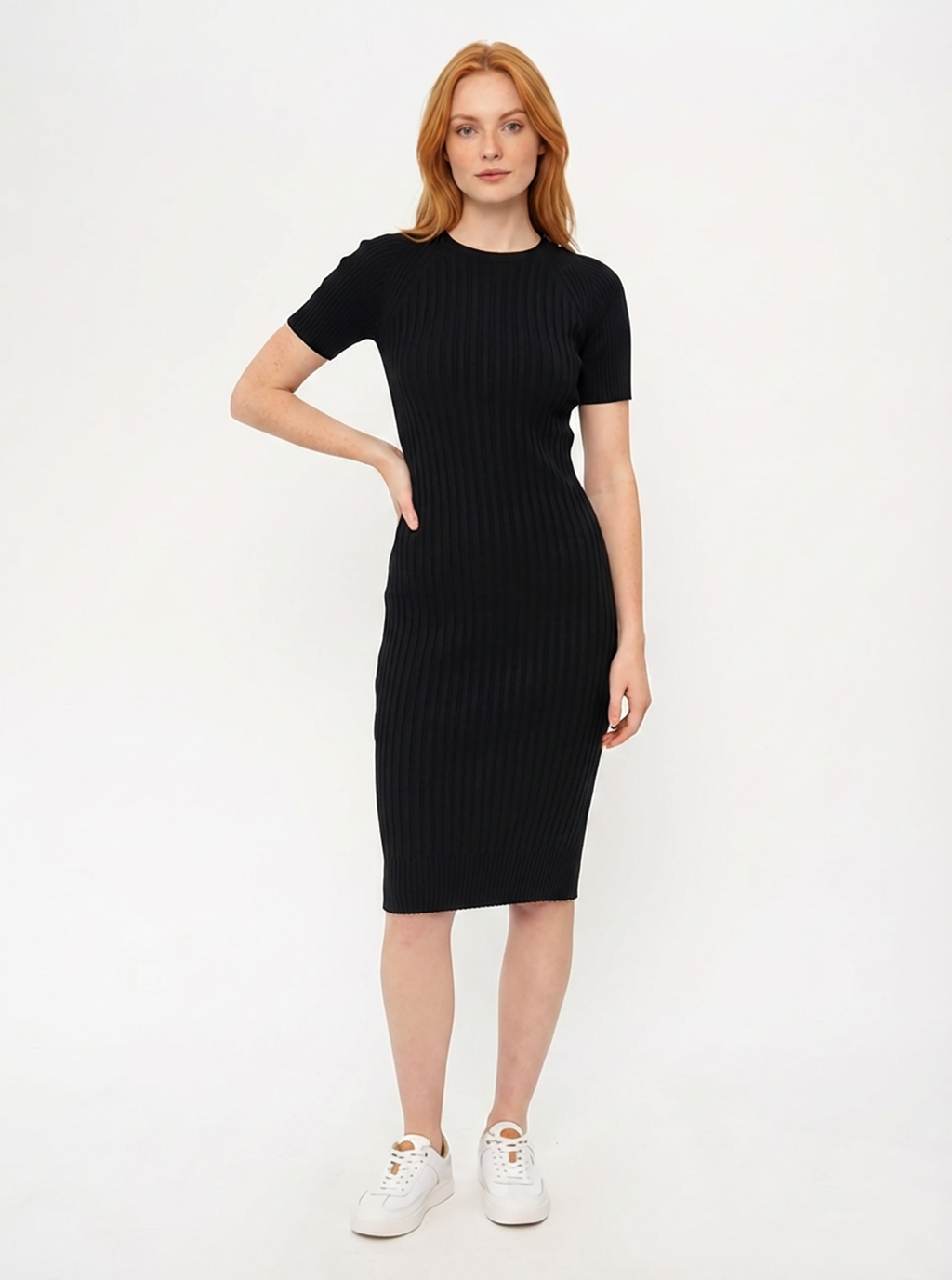 Tayrona Short Sleeve Midi Cotton Ribbed Knit Dress