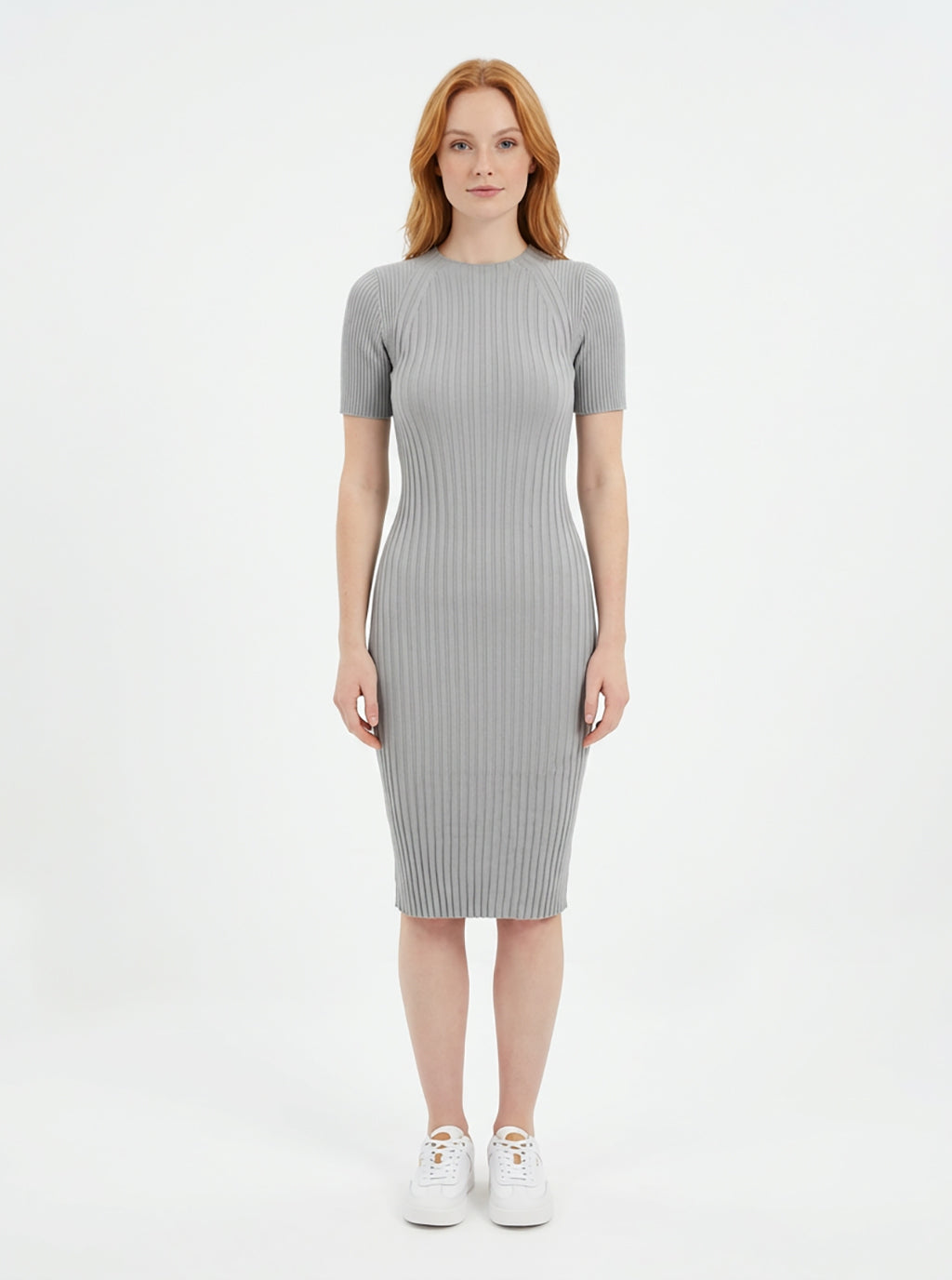 Tayrona Short Sleeve Midi Cotton Ribbed Knit Dress