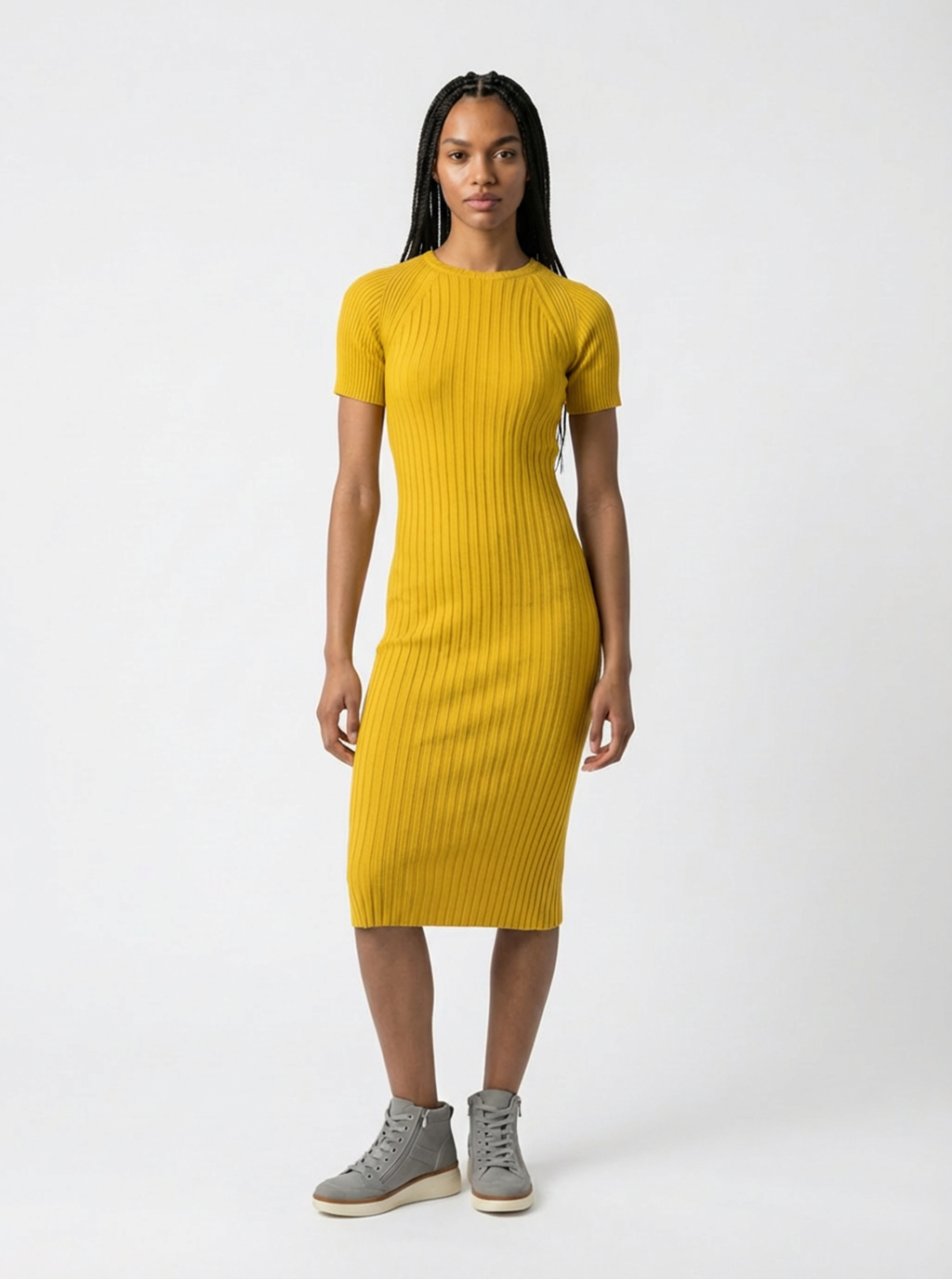 Tayrona Short Sleeve Midi Cotton Ribbed Knit Dress XS / Honey