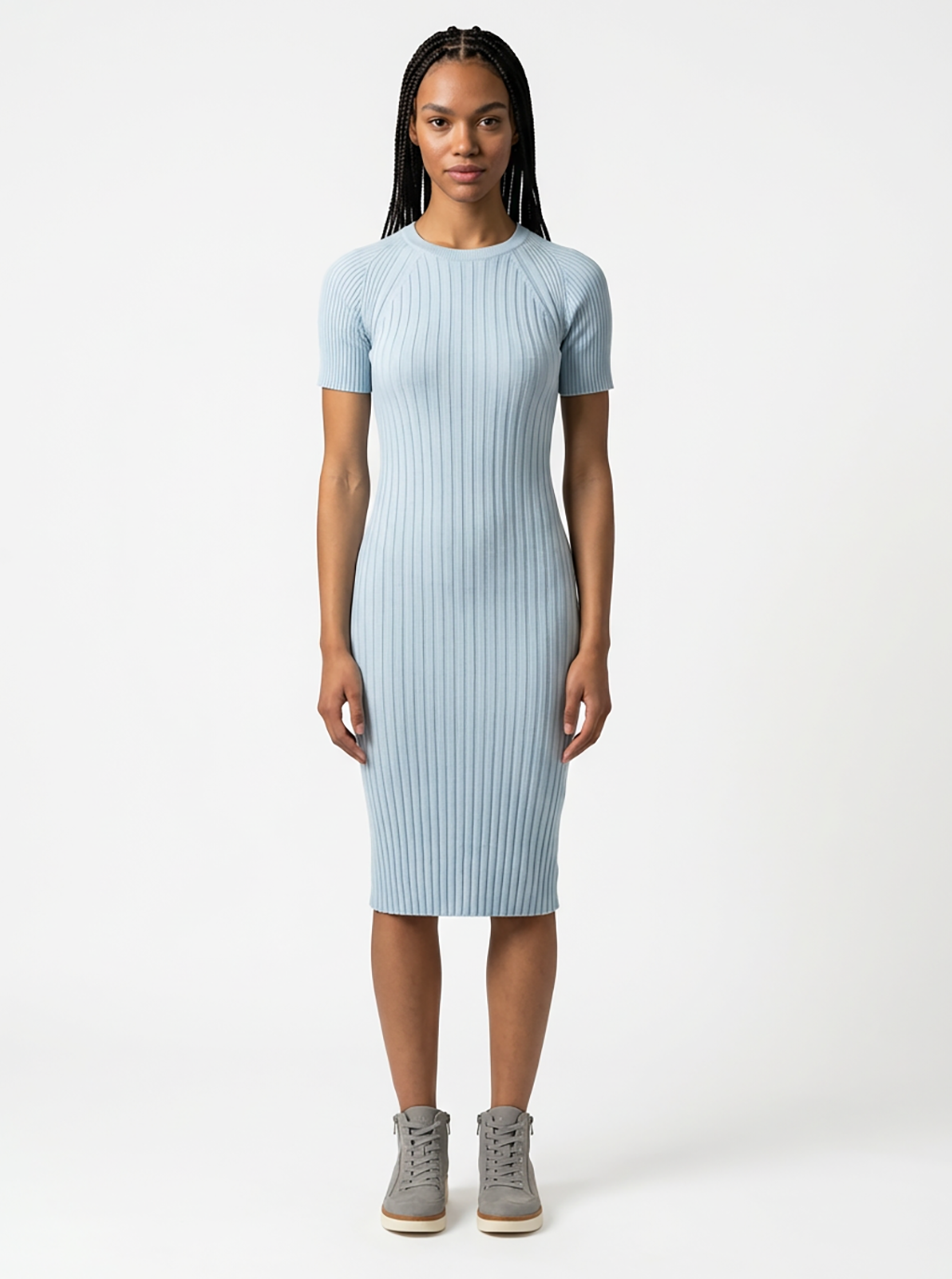 Tayrona Short Sleeve Midi Cotton Ribbed Knit Dress
