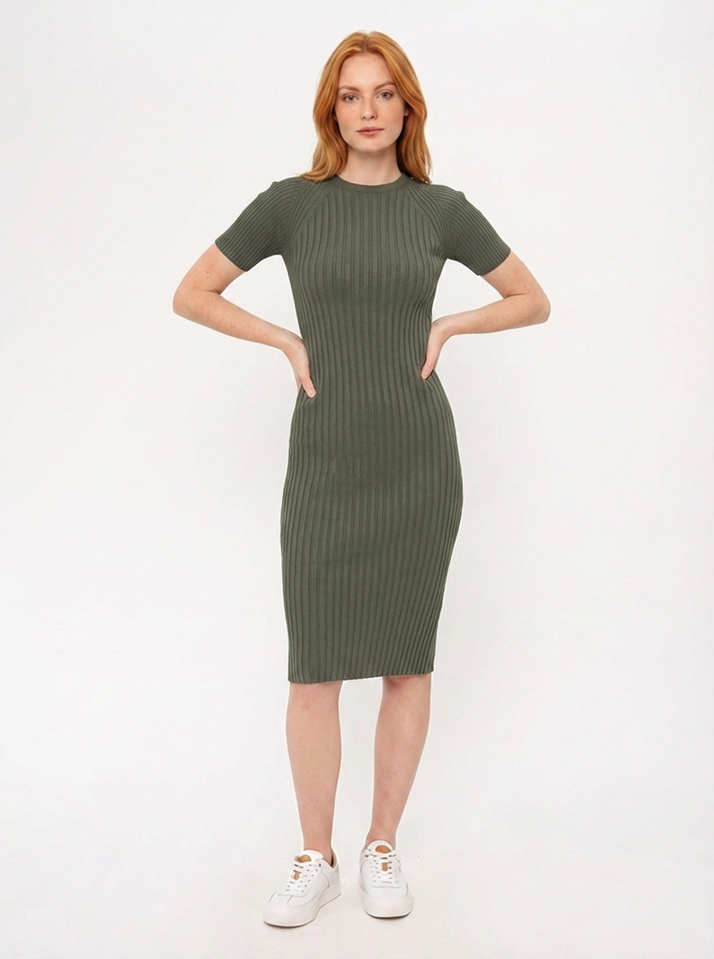Tayrona Short Sleeve Midi Cotton Ribbed Knit Dress