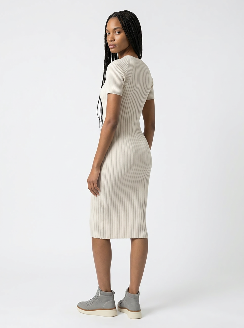 Tayrona Short Sleeve Midi Cotton Ribbed Knit Dress
