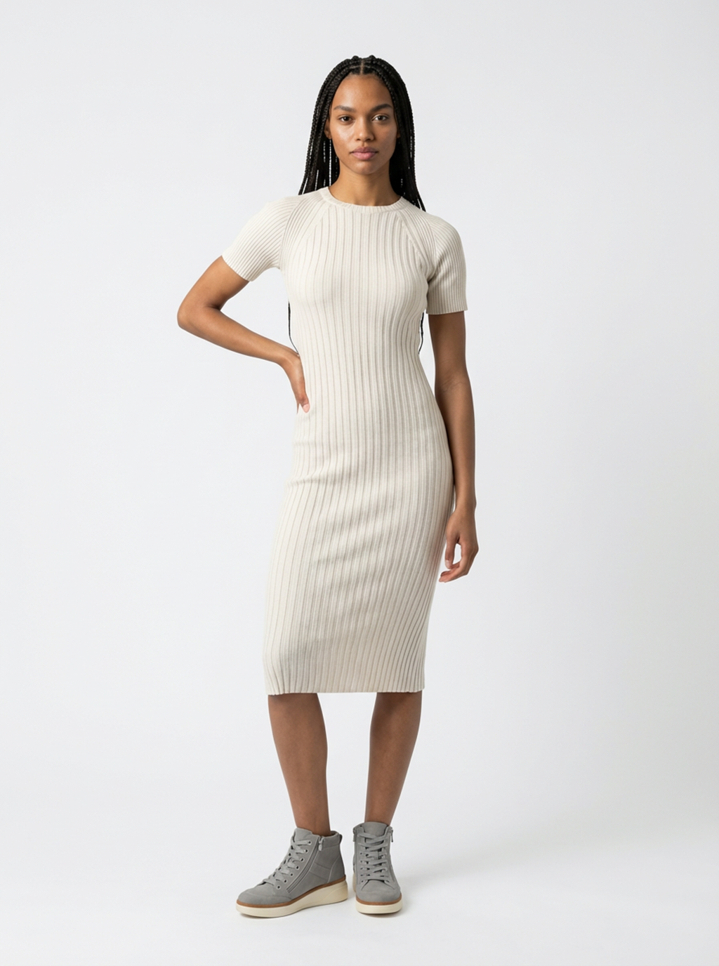 Tayrona Short Sleeve Midi Cotton Ribbed Knit Dress
