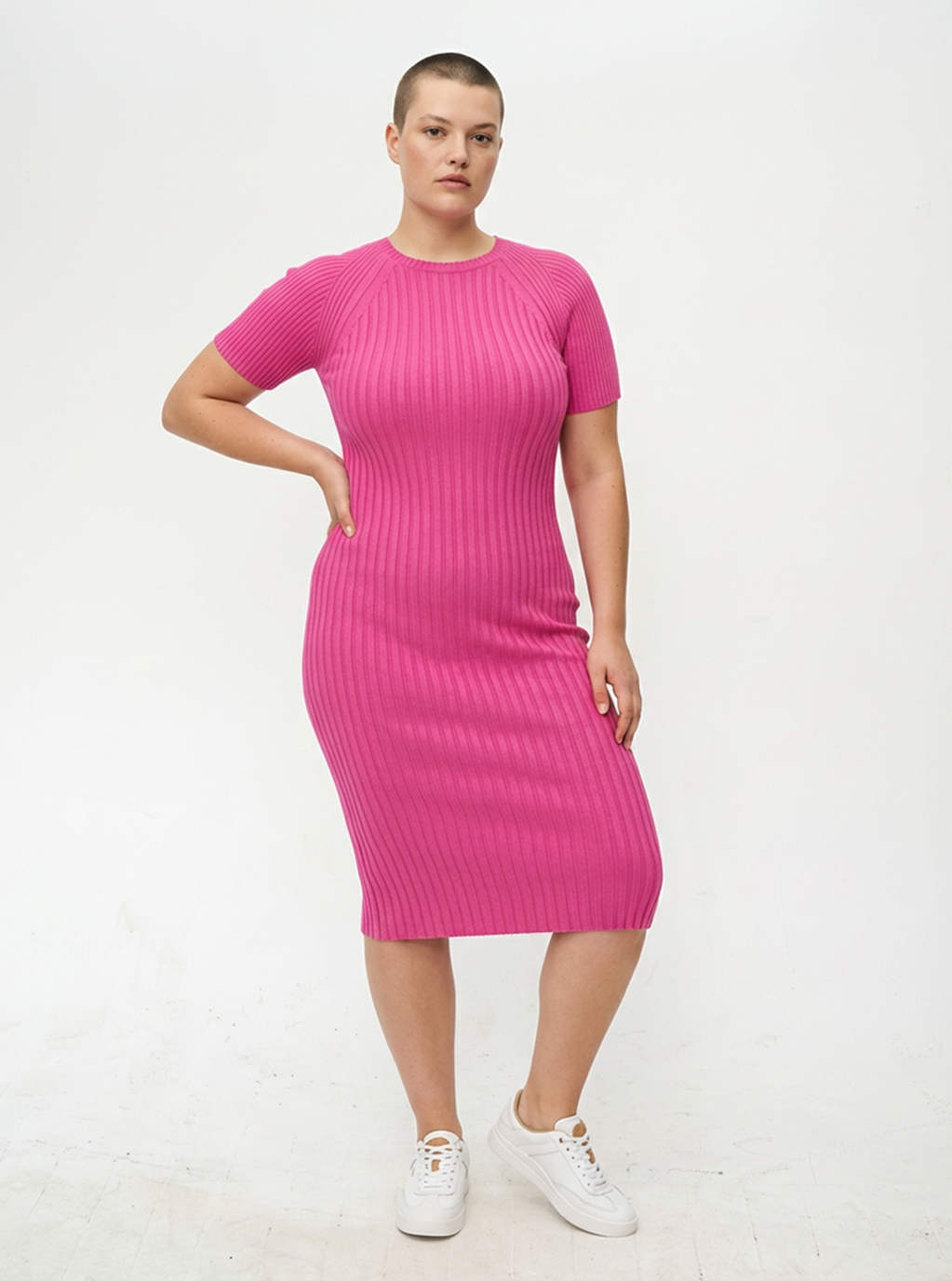 Tayrona Short Sleeve Midi Cotton Ribbed Knit Dress